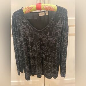 Chicos Travelers Blouse V Neck Black Sz 3 Travel Scenes Lined 3/4 Sleeve Silky